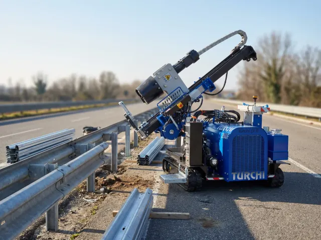 Палебійна машина TURCHI 260F забиває sigma-стовпи для дорожнього огородження біля дороги