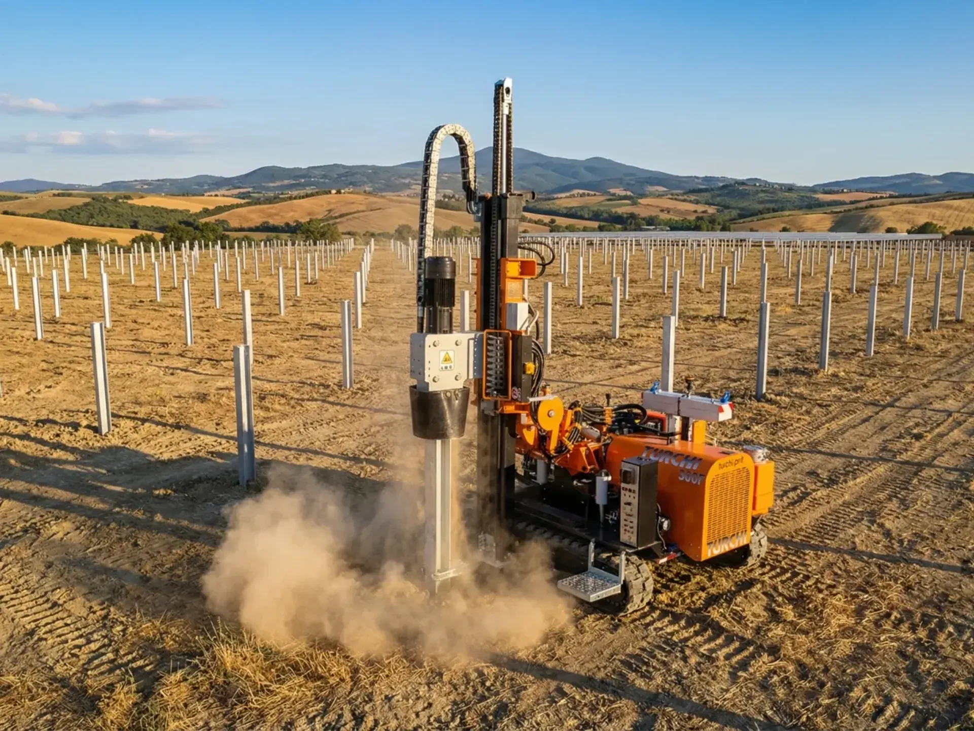 TURCHI 300F pile driver driving a pile on a photovoltaic field under construction
