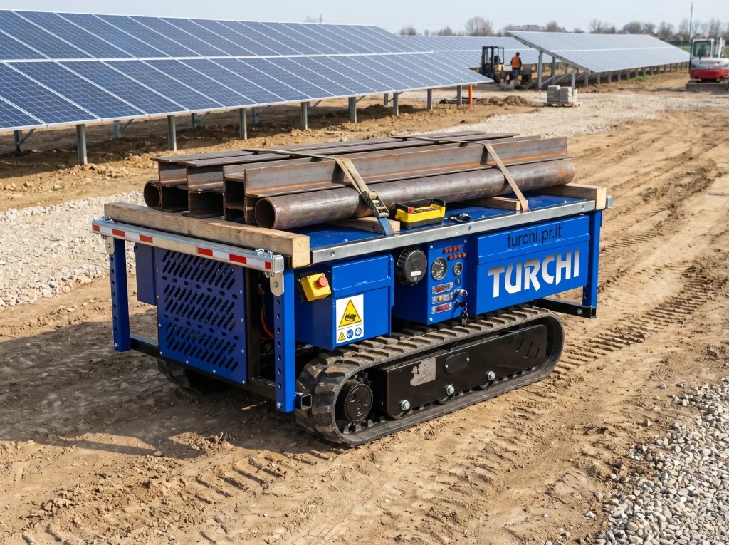 Sahada kazıklarla yüklü TURCHI kauçuk paletli kazık arabası