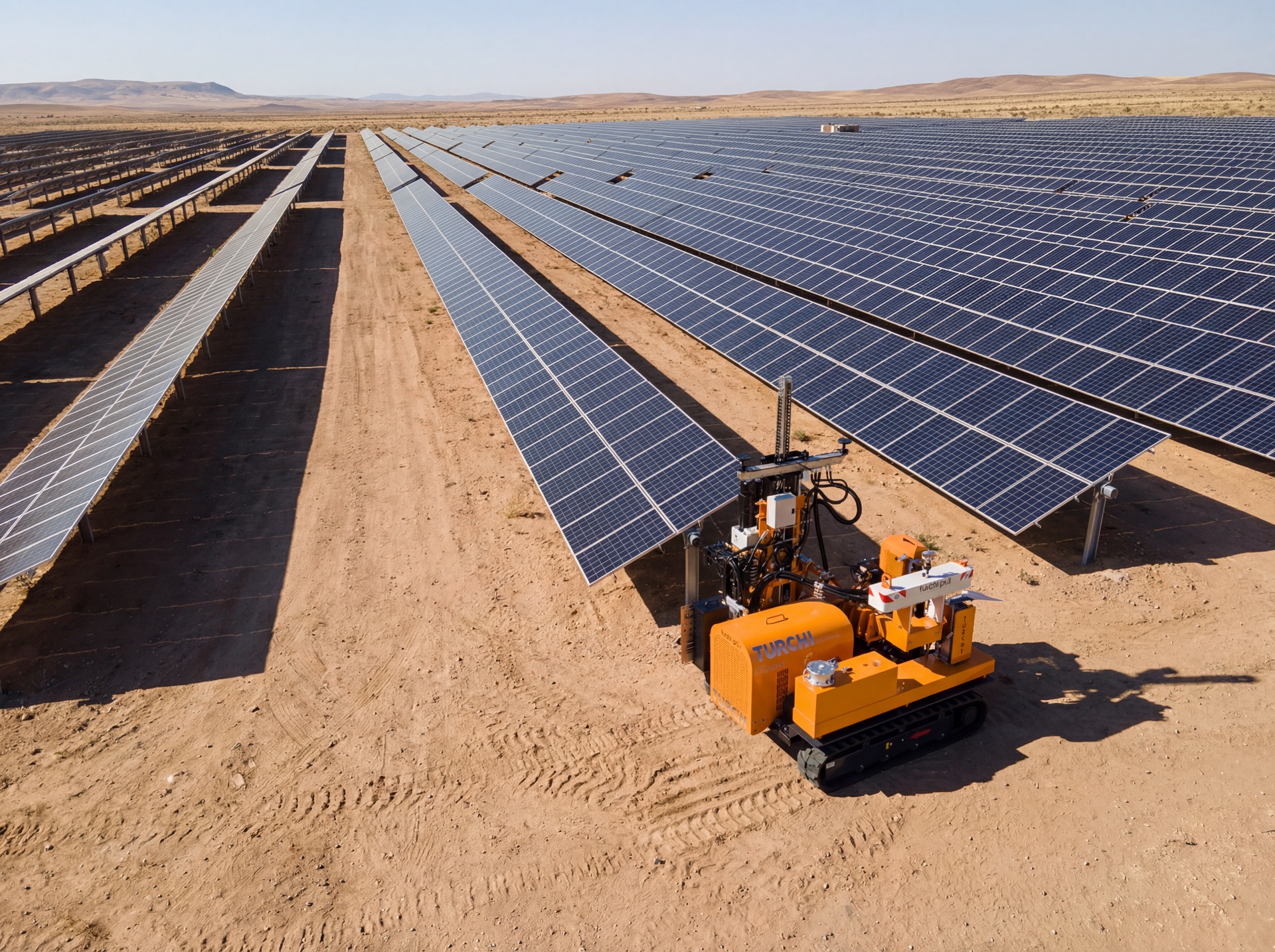 TURCHI 300F güneş sahası — zemine monte güneş enerjisi için kazık çakma