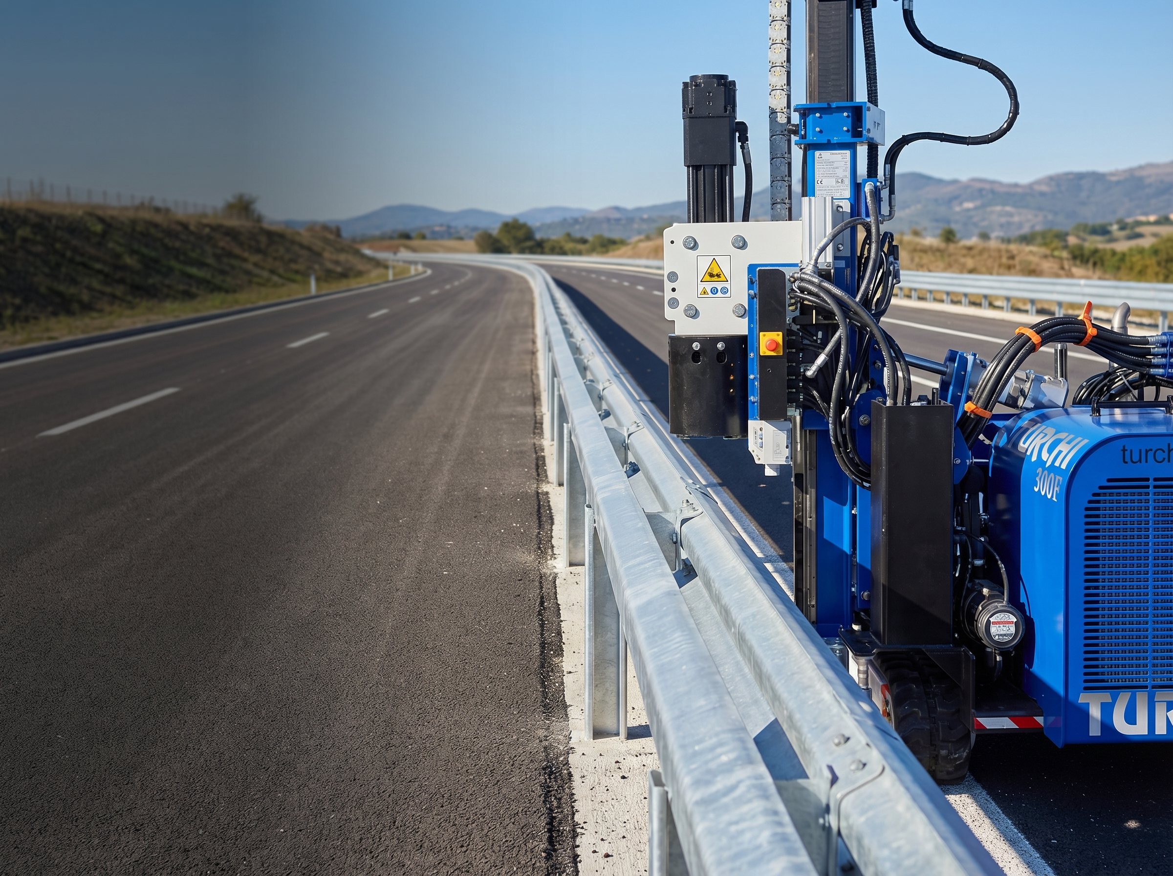 Yol sahasında TURCHI kazık çakıcı — bariyer kurulumu